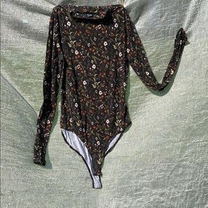 Black and Floral-Printed Turtleneck Bodysuit
